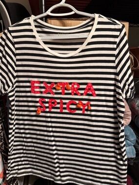 kate spade Black & White Striped Tee with Red 'EXTRA SPICY' Appliqué